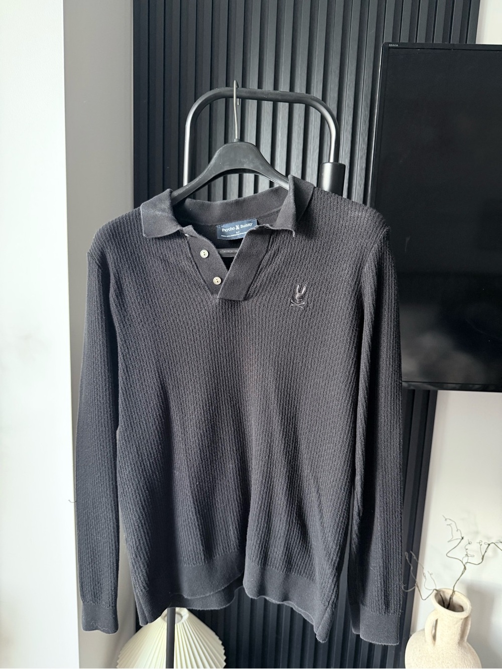 Psycho Bunny Black Long-Sleeve Knit Polo Sweater - Small